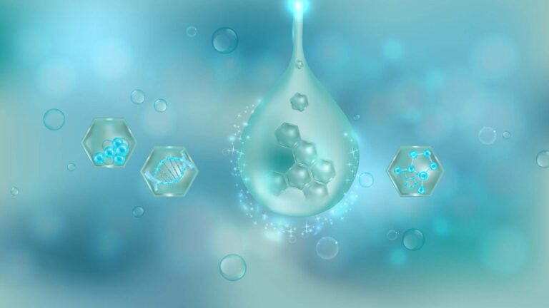Shimmering turquoise molecular elements floating in a purified dreamscape