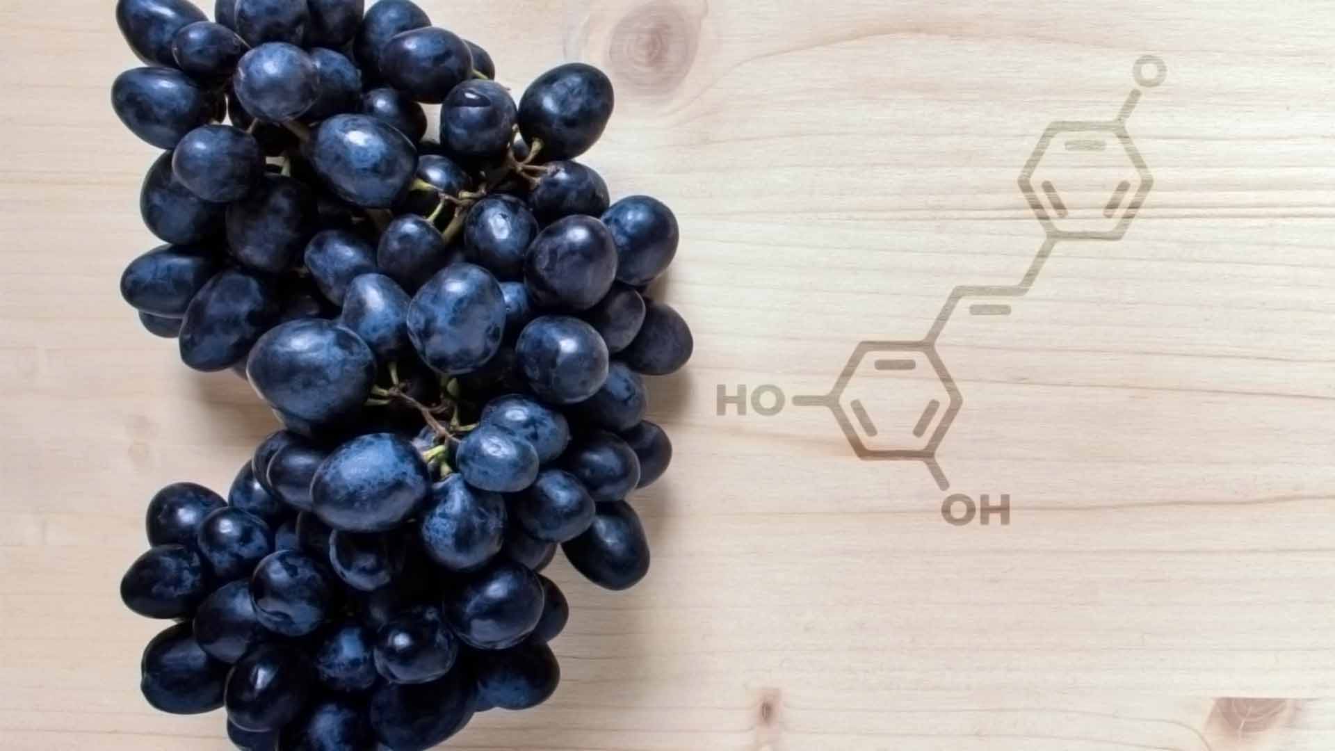 Dark skin grapes on a wood board with the molecular structure of resveratrol laser-etched into the surface