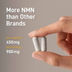 A hand holds 2 Youngr capsules and text indicates that Youngr has more NMN than other brands