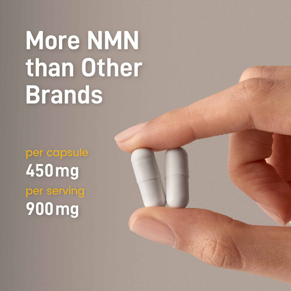 A hand holds 2 Youngr capsules and text indicates that Youngr has more NMN than other brands