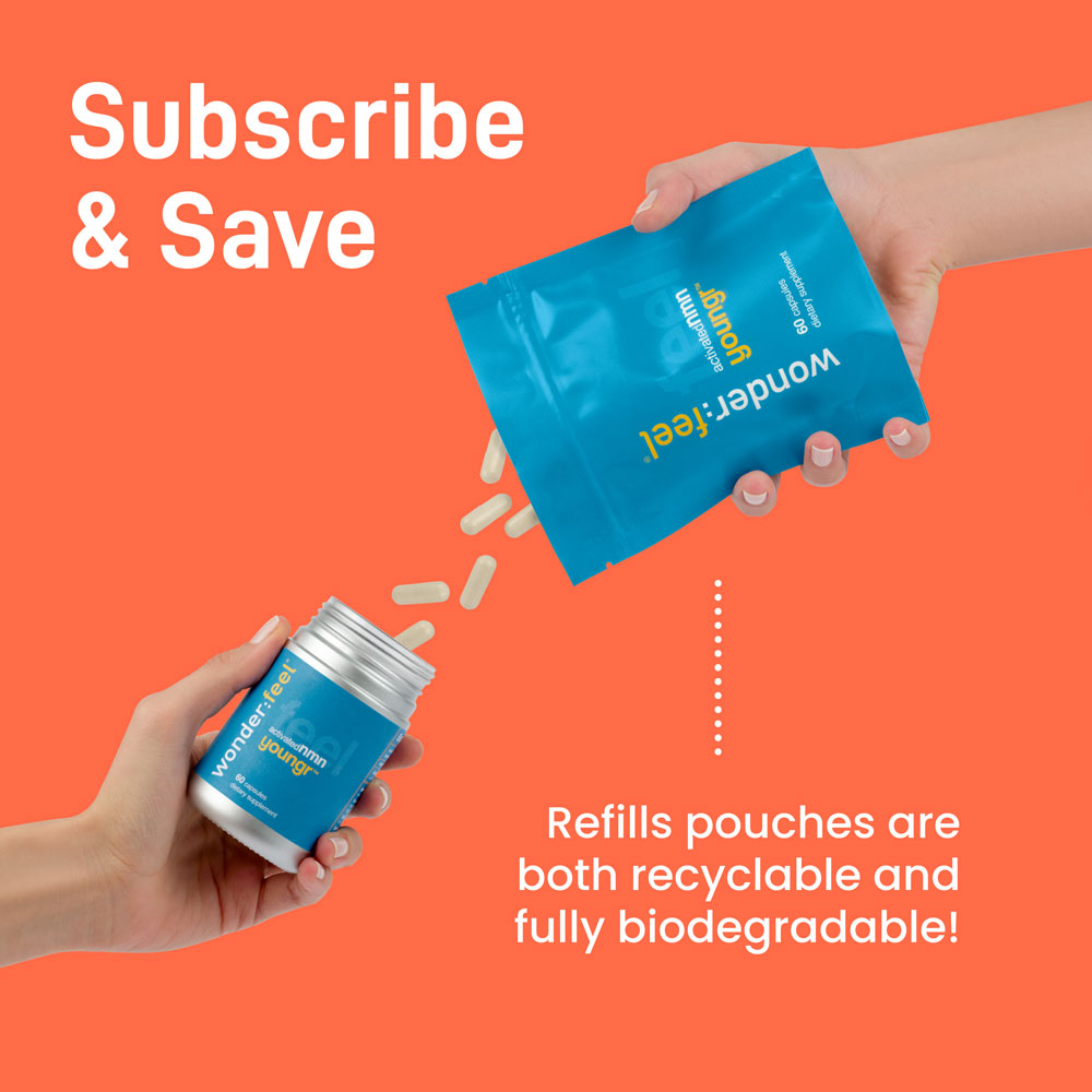 A woman pours capsules from a biodegradable refill pouch into a bottle