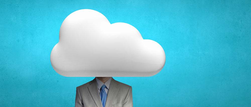 A businessman with a puffy cloud on his head indicating brain fog
