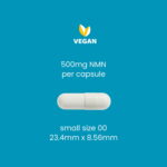 Wonderfeel 500 mg NMN capsule, size 00, dimensions 23.4mm x 8.56mm