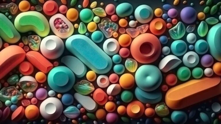 An artistic depiction of colorful pills and capsules, representing the variety of supplements