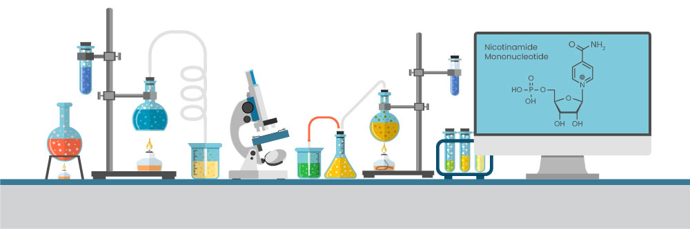 A lab setup with glassware, a microscope, and a computer showing NMN's molecular structure