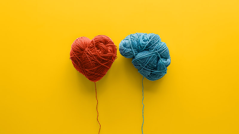 Yarn representations of a heart and brain on a yellow background, symbolizing the cardiovascular and cognitive health benefits of NAD