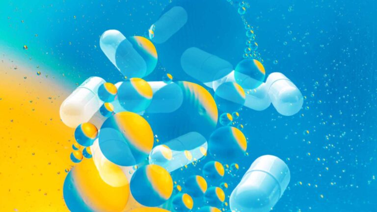A vibrant depiction of supplement capsules floating amid colorful bubbles