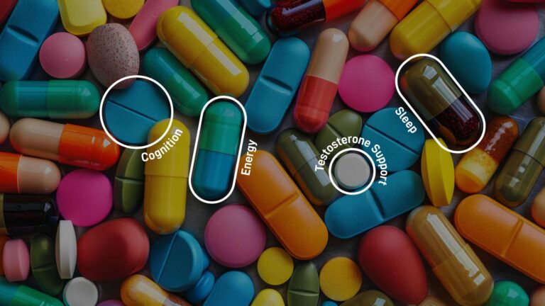 A colorful array of pills and capsules, with four highlighted for "Cognition," "Energy," "Testosterone Support," and "Sleep"