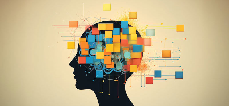 A silhouette of a human head filled with colorful blocks and neural connections