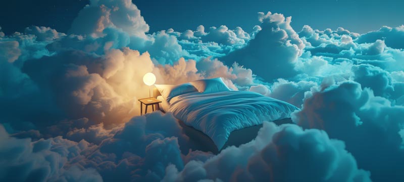 A cozy bed surrounded by fluffy clouds