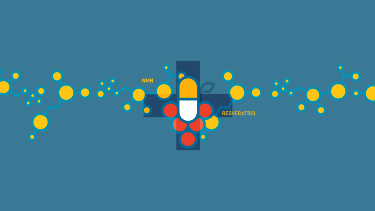 Capsule embedded in grapes hovering atop a + symbol with illustrated molecular structures of NMN and resveratrol in yellow and blue.