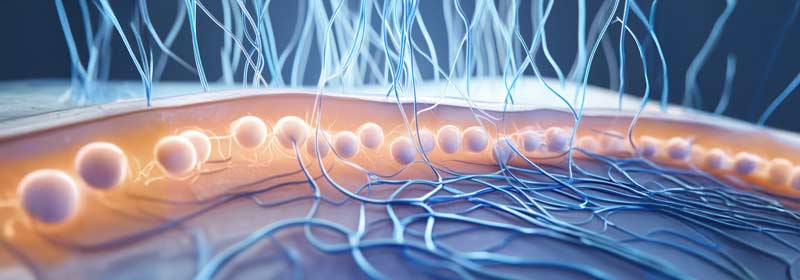 Surreal hair follicles float in a warm epidermis, with blue strands growing from the skin's surface.
