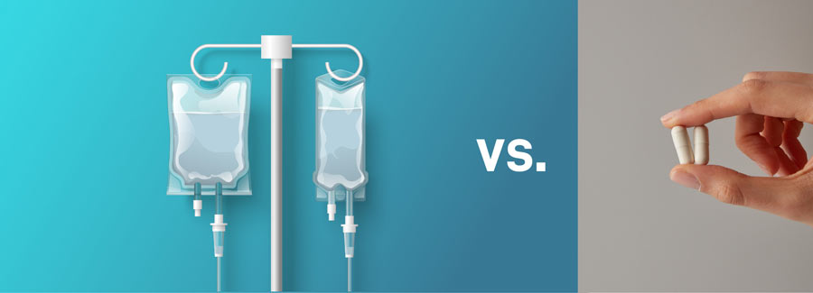 NAD IV therapy compared to oral NMN capsules for NAD support.