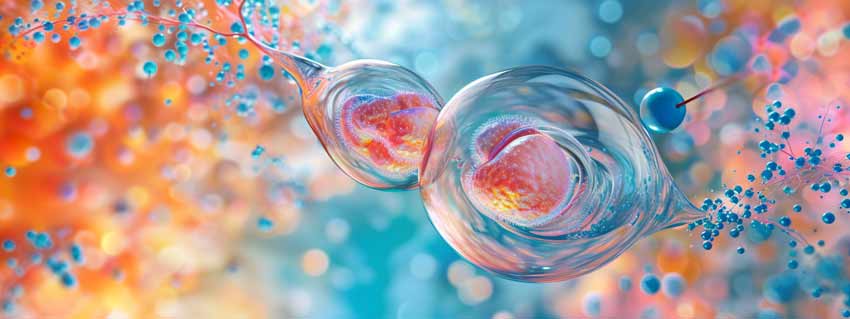 Two dividing cells surrounded by colorful molecules, symbolizing fertility and cellular health.